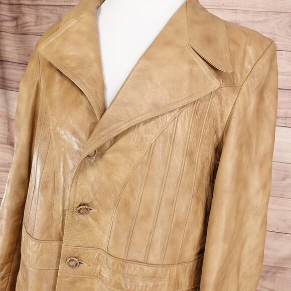 Grais Cabretta Leather Jacket Mens 44 Long Tan Glazed Aniline Car Coat Lined - Picture 2 of 12